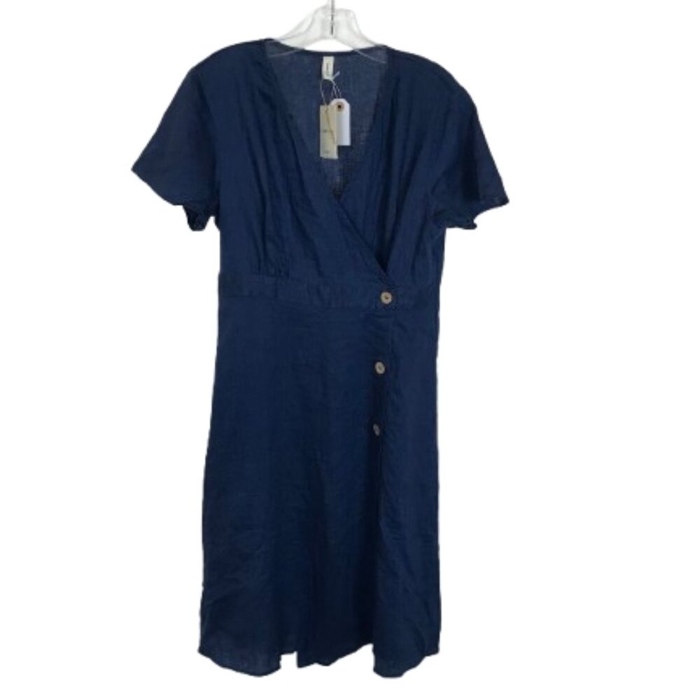NWT Grae Cove Womens Size Medium Blue Safiya V-Neck 100% Linen Midi Dress NEW